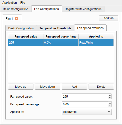 Screenshot of NBFC-Qt-Config Fan Speed Overrides